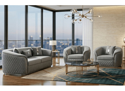 Modernes Graues Wohnzimmer Polster Set 3-Sitzer 2x Sessel 3tlg