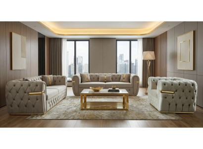 Beige Chesterfield Textilgarnitur Moderne 3-Sitzer Luxuriöser Sessel
