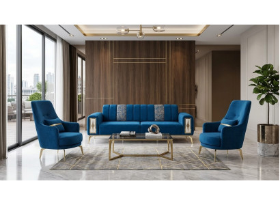 Blau-Goldene Sofagarnitur Stoffsofa Designer Relaxsessel 3tlg
