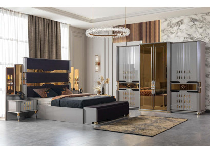 Schlafzimmer Bett Kleiderschrank Nachttisch grau goldfarben weich neu