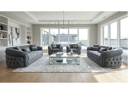 Graues Chesterfield Sofa Set Exklusiver 3-Sitzer Stilvolle Sessel