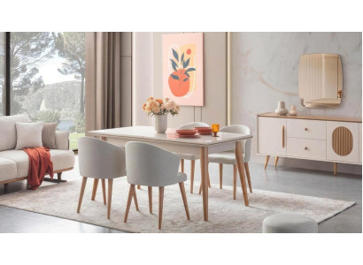 Esszimmer Set Esstisch 4x Stühle Modern Beige Gemütlich Hell Elegant