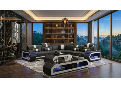 Modern Ecksofa L-Form Couchtisch Schwarz LED Sofa Set Couch TV-Möbel