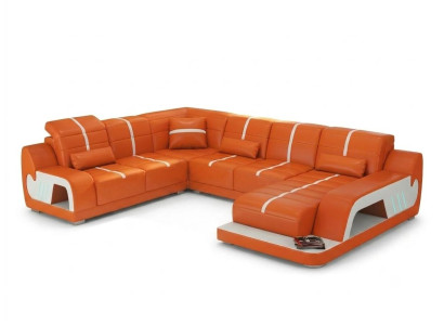 Oranger Ecksofa in U-Form aus Leder LED groß modern Wohnzimmer Polstermöbel *