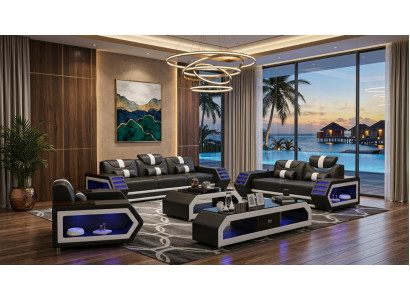 Sofa Set 3+2+1 Modern Schwarz Premium LED Couchtisch Luxus Exklusiv