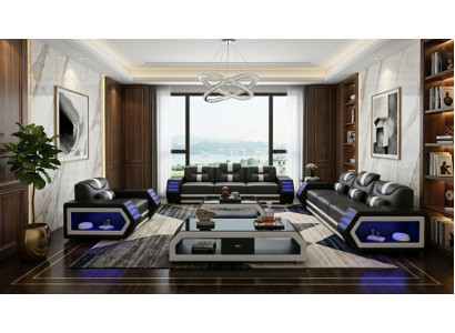 Sofa Set 3+3+1 Modern Schwarz Weiß Premium LED Couchtisch Komfort