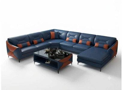 Modern Wohnlandschaft U-Form Couchtisch LED Sofa Set Couch Blau Luxus