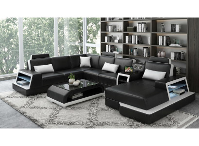 Modern Wohnlandschaft U-Form Couchtisch Schwarz LED Sofa Set Couch