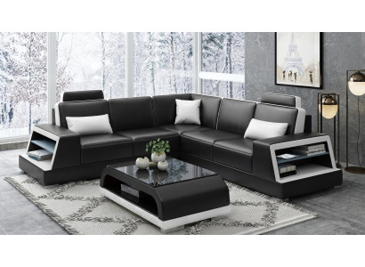 Modern Ecksofa L-Form Couchtisch Schwarz LED Sofa Set Couch Elegant