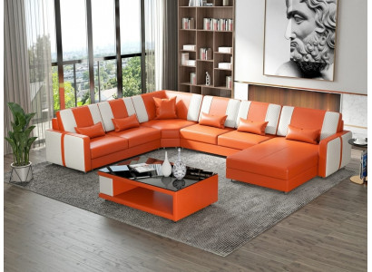 Weiß Orange Modern Wohnlandschaft U-Form Couchtisch LED Sofa Set Couch