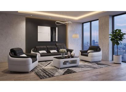 Sofa Set 3+1+1 Modern Schwarz Weiß Premium LED Couchtisch Komfort *