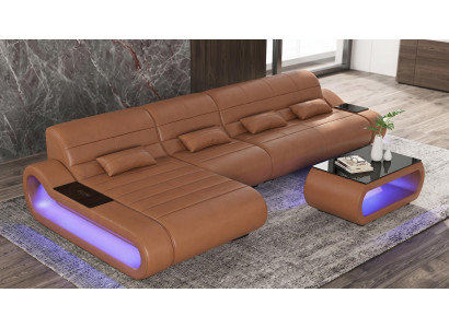 Modern Ecksofa L-Form Couchtisch Braun LED Sofa Couch Luxus Premium *