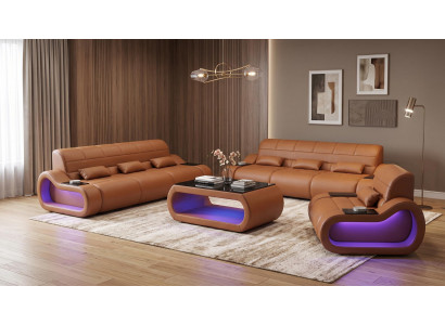 Sofa Set 3+3+1 Modern Braun Premium LED Couchtisch Komfort Designer *