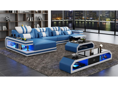 Modern Ecksofa L-Form Couchtisch Blau LED Sofa Set Couch TV-Möbel *