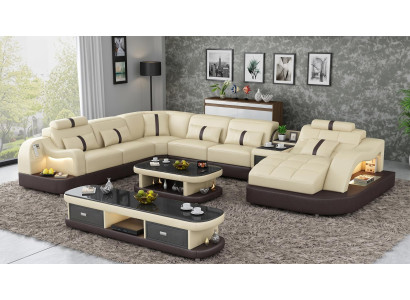 Modern Wohnlandschaft U-Form Couchtisch Beige LED Sofa Set TV-Möbel *
