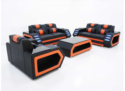 Sofa Set 2+2+1 Sitzer schwarz Kunstleder Polstermöbel moderne Couchtisch *
