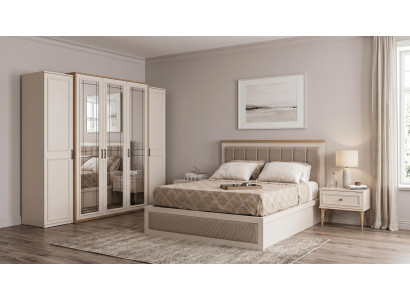 Elegantes Stauraumbett Kleiderschrank 5-turiger Schminktisch Creme Set