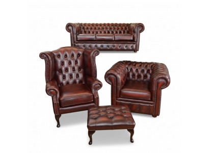 Sofagarnitur Ohrensessel  Chesterfield Ledersofa Sofa Couch Hocker Set  4tlg 3+1