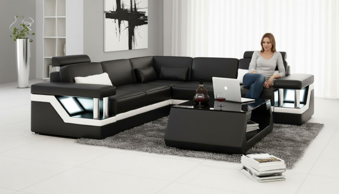 CANAPÉ EN CUIR XXL Suite Salon Paysage Canapé D'angle Canapé En Cuir Noir / Blanc