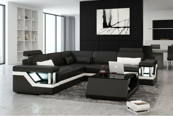 CANAPÉ EN CUIR XXL Suite Salon Paysage Canapé D'angle Canapé En Cuir Noir / Blanc
