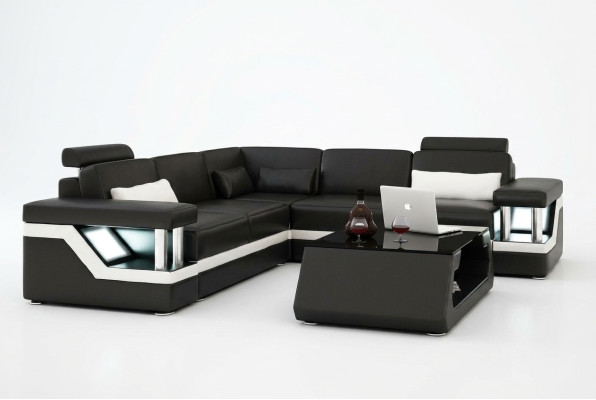 CANAPÉ EN CUIR XXL Suite Salon Paysage Canapé D'angle Canapé En Cuir Noir / Blanc