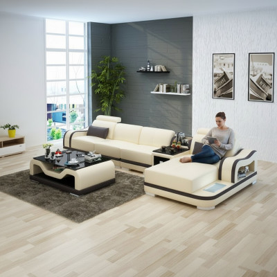 Canapé Sofa en cuir Canapé moderne Paysage de vie Canapé d'angle Suite d'angle Design