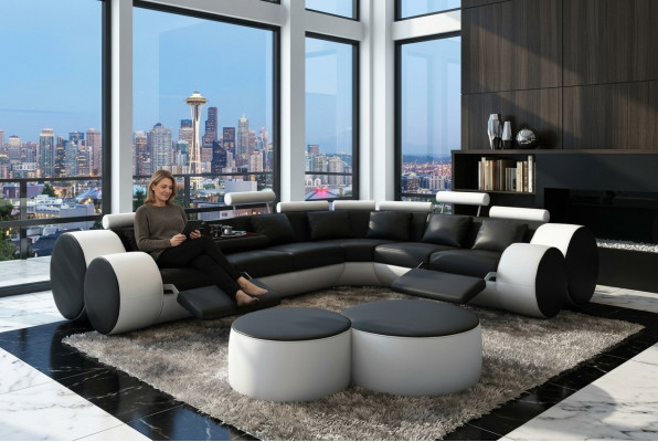 Canapé d'angle Canapé Sofa revêtement Paysage de vie Canapés d'angle en cuir Suite en forme de L Madrid