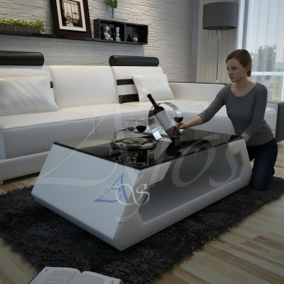 Table basse design, table rembourrée en cuir et verre moderne (Hambourg)