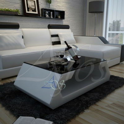 Table basse design, table rembourrée en cuir et verre moderne (Hambourg)