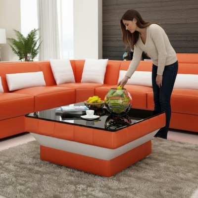 Table basse design avec revêtement en cuir, verre - Tables modernes #8009