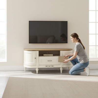 Élégant armoire TV blanche en bois naturel : fonctionnalité et style pour votre intérieur.
