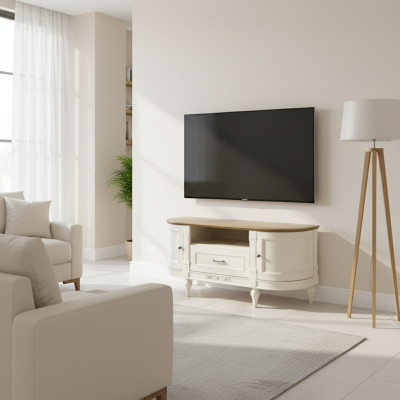 Élégant armoire TV blanche en bois naturel : fonctionnalité et style pour votre intérieur.