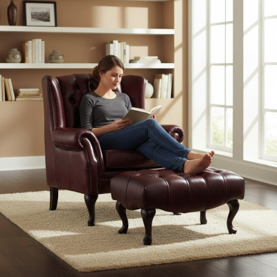 Chesterfield fauteuil à oreilles + pouf ensemble fauteuil canapé rembourré cuir textile 16101330