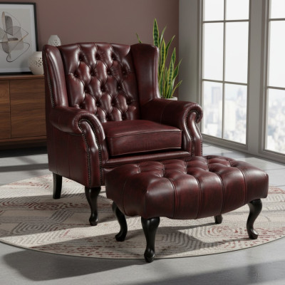 Chesterfield fauteuil à oreilles + pouf ensemble fauteuil canapé rembourré cuir textile 16101330