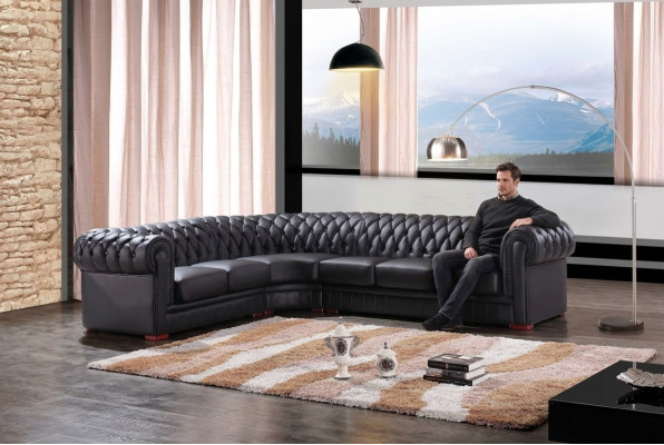 Canapé d'angle Chesterfield Canapé d'angle Canapé design Canapé noir 100% cuir Immédiatement