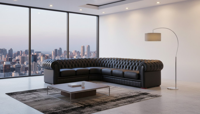 Canapé d'angle Chesterfield Canapé d'angle Canapé design Canapé noir 100% cuir Immédiatement