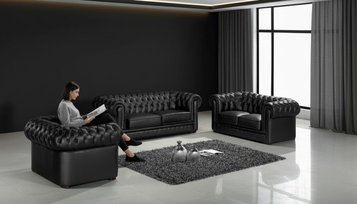 Canapés Chesterfield noirs 3+2+1 Ensemble de canapés designer en tissu