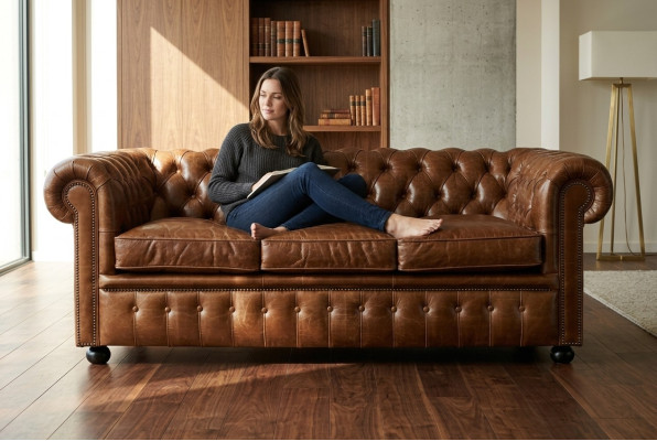 Canapé de salon 3 places en cuir marron Chesterfield de luxe
