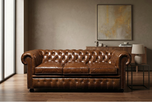 Canapé de salon 3 places en cuir marron Chesterfield de luxe