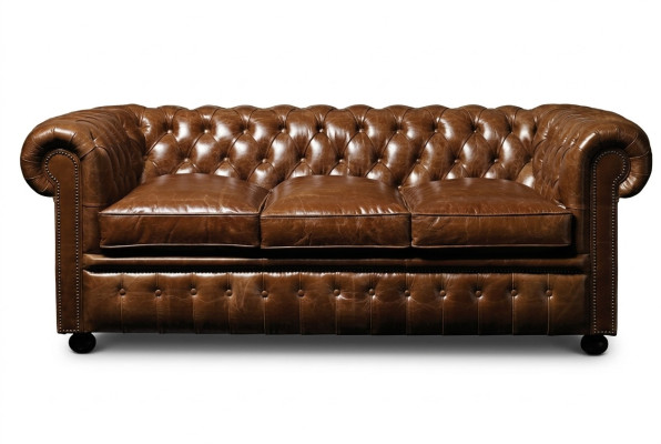 Canapé de salon 3 places en cuir marron Chesterfield de luxe