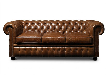 Canapé de salon 3 places en cuir marron Chesterfield de luxe