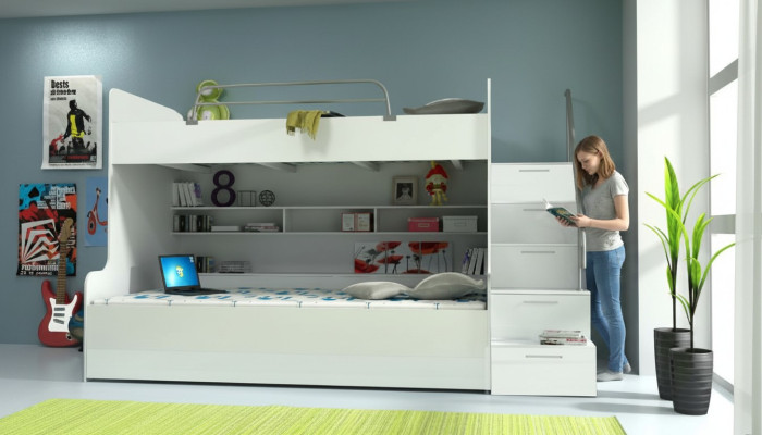 Lit superposé double Lit superposé Lit pour enfants Lit pour jeunes Lit mezzanine neuf Blanc / Blanc