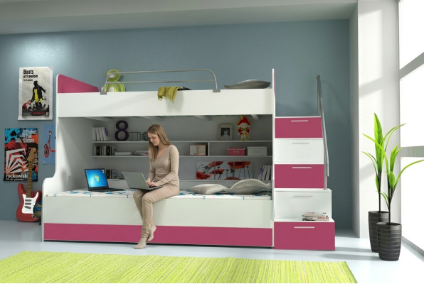 Lit superposé superposé Lit Lit pour enfants Lit pour jeunes Lit mezzanine B003 Rose/Blanc