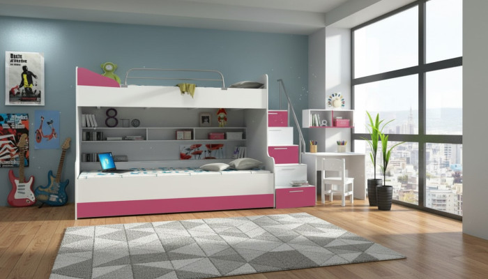 Lit superposé superposé Lit Lit pour enfants Lit pour jeunes Lit mezzanine B003 Rose/Blanc
