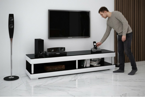 Meuble à télévision, bahut en cuir en verre, table de télévision, armoire de télévision, table basse Mo.C.