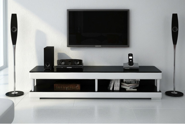 Meuble à télévision, bahut en cuir en verre, table de télévision, armoire de télévision, table basse Mo.C.