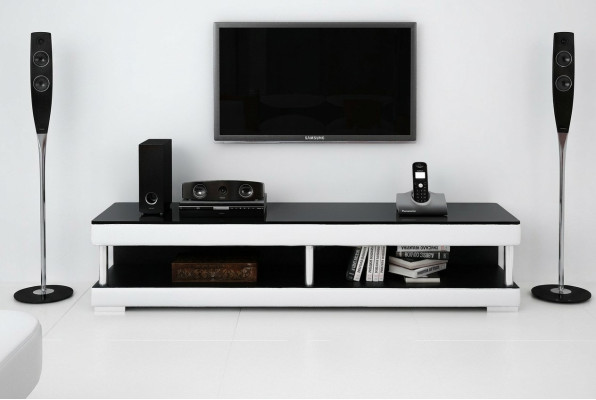 Meuble à télévision, bahut en cuir en verre, table de télévision, armoire de télévision, table basse Mo.C.