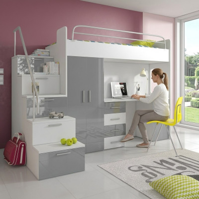 Lit de jeunesse Ensemble complet de chambre à coucher Lit pour enfants Lits Armoire Table GRIS