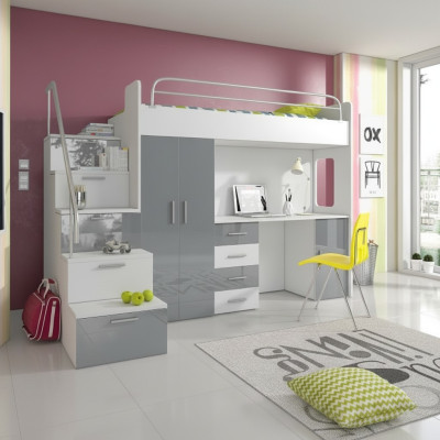 Lit de jeunesse Ensemble complet de chambre à coucher Lit pour enfants Lits Armoire Table GRIS