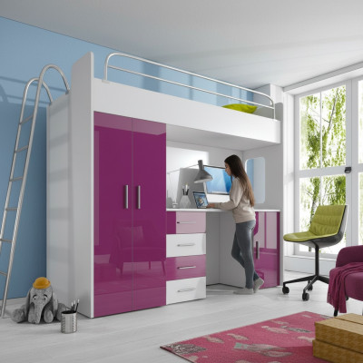 Lit superposé double LIT SUPERPOSÉ Lit superposé avec bureau + armoire - RAJ 4D VIOLET